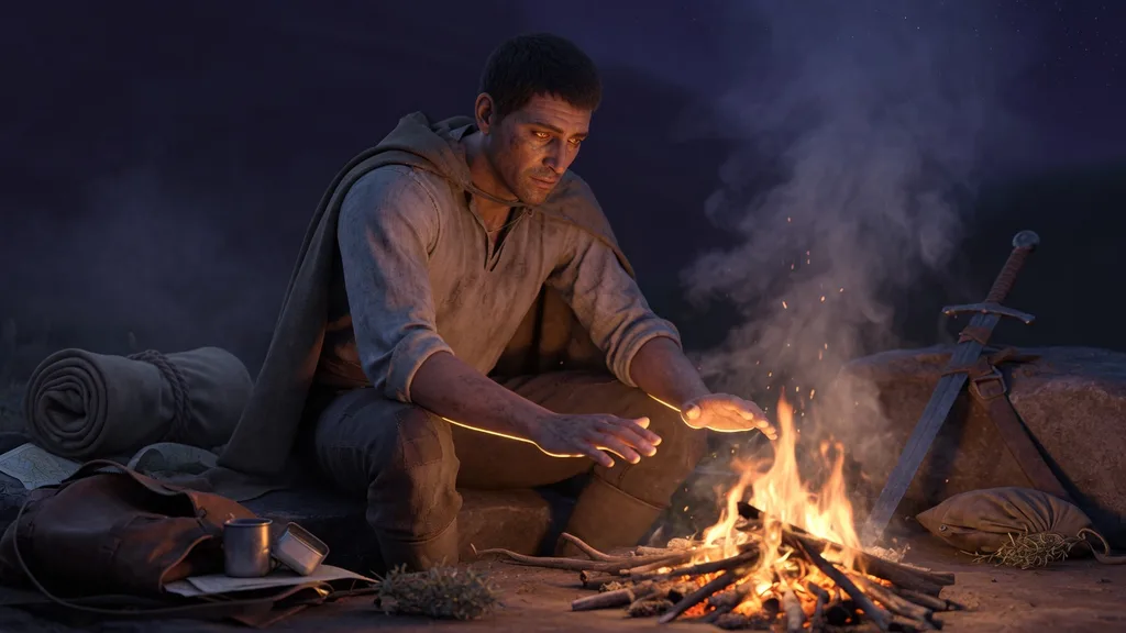 A weary aasimar traveler with a subtle radiant glow beneath their skin resting by a campfire in plain traveling clothes, wings hidden or absent — artwork for the aasimar name generator