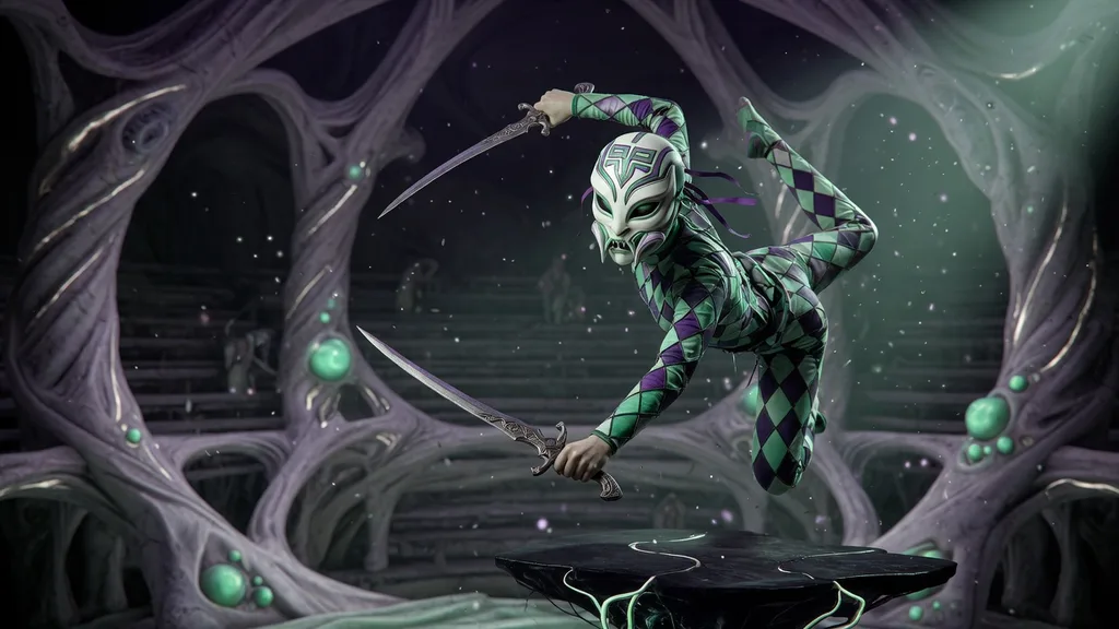 Masked Harlequin performer mid-leap with twin blades inside a glowing wraithbone amphitheater — artwork for the Aeldari name generator