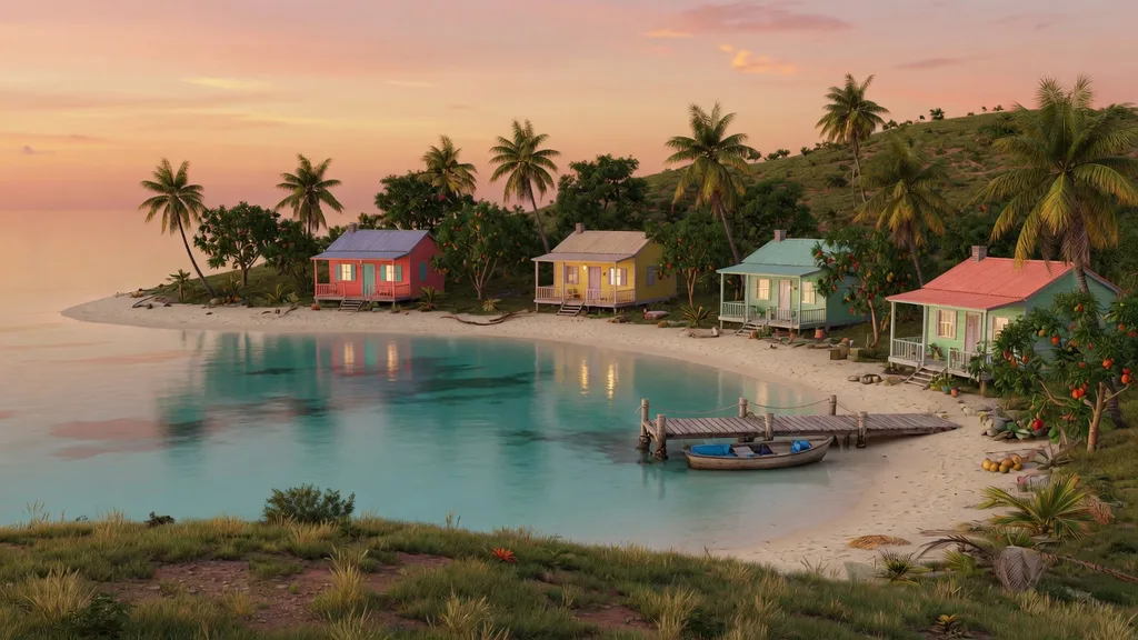 Wide view of a small tropical island with a sandy beach, a wooden dock, palm trees and a scattering of colorful cottages under a soft sunset sky — artwork for the Animal Crossing Island Name Generator
