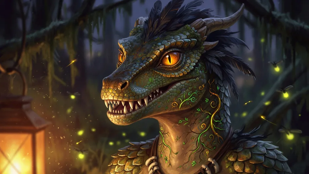 Close-up portrait of an Argonian with amber eyes, ridged scales and feathered crest lit by swamp lantern light