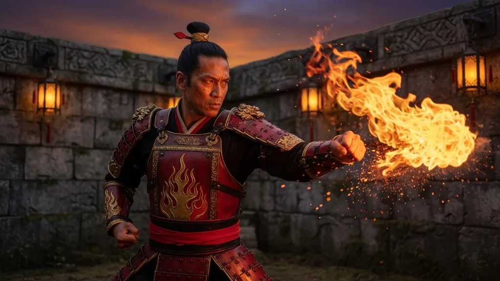 Firebending master in red and gold Fire Nation armor mid-strike beside a stone Earth Kingdom courtyard wall at dusk — artwork for the Avatar name generator