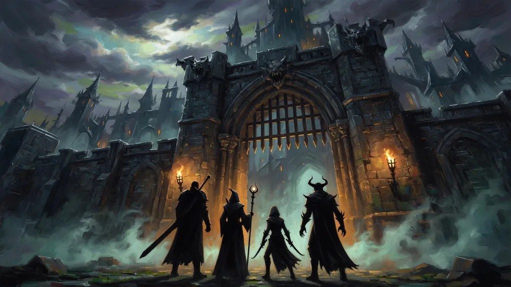 A moody gothic fantasy city at dusk in the Forgotten Realms
