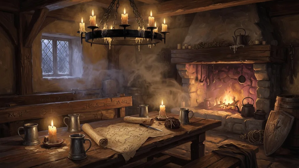 Candlelit fantasy tavern interior with worn wooden tables and a warm hearth — a meeting place for a Baldur's Gate 3 adventuring party