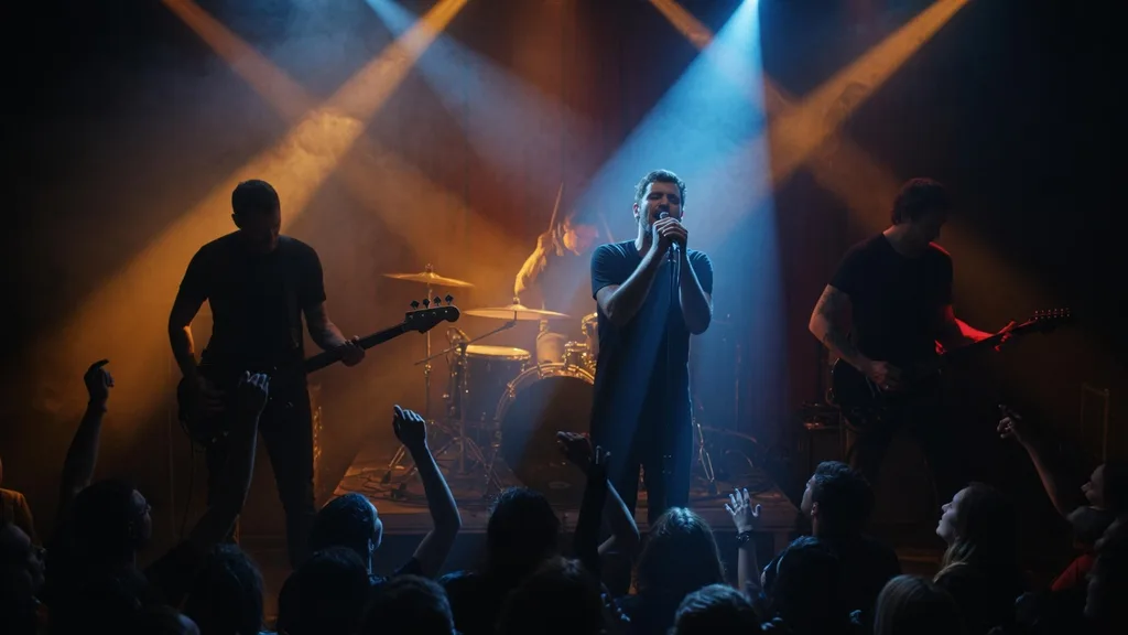 A full band silhouetted on a smoky club stage under blue and amber lights