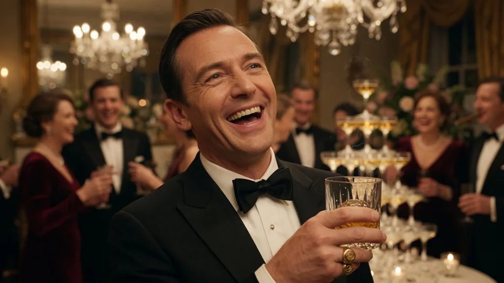 A dapper gentleman in a tuxedo laughing mid-conversation at an elegant party, glass in hand
