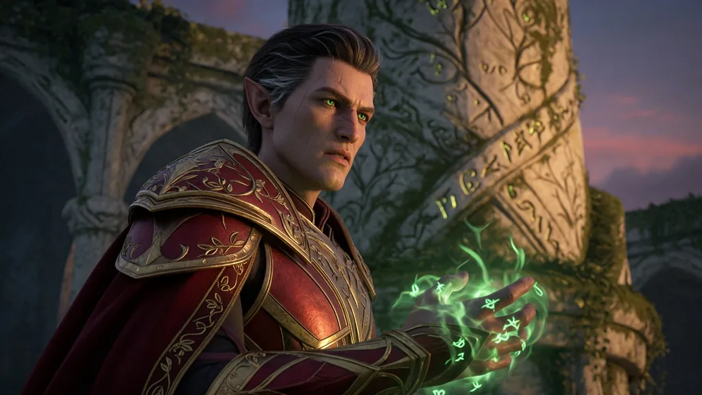A commanding blood elf man in red-and-gold ceremonial armor at dusk, fel-green mana coiling around his gauntlet — artwork for the Blood Elf name generator