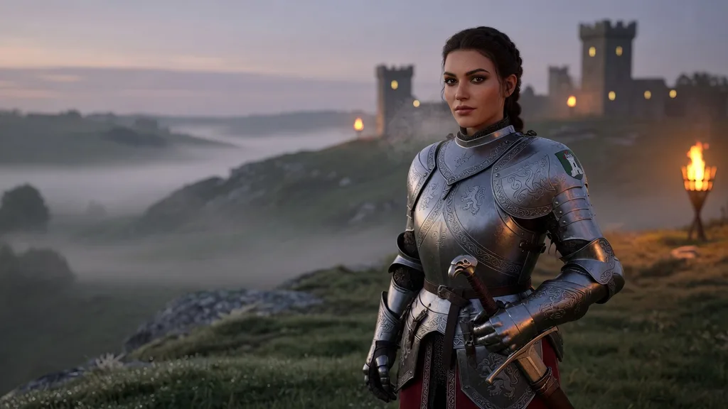 Breton female knight in gleaming plate armor on a misty High Rock hillside at dusk — artwork for the Breton name generator