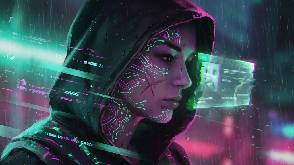 Hooded cyberpunk figure with glowing neon circuit tattoos and a holographic identity tag beside their face