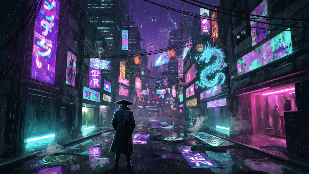 Rain-slick neon city street at night — the cyberpunk sprawl