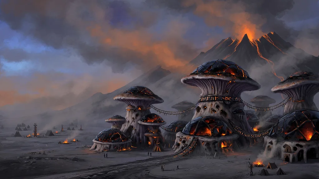 Ash-covered volcanic settlement of fungal towers and obsidian causeways at dusk, with distant nomadic tent-camps — artwork for the dark elf name generator