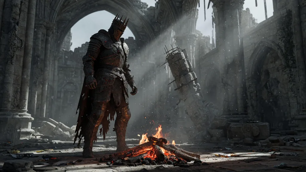 Silhouette of an ancient lord of cinder beside a dying bonfire in a ruined cathedral — dark fantasy scene from the Dark Souls name generator