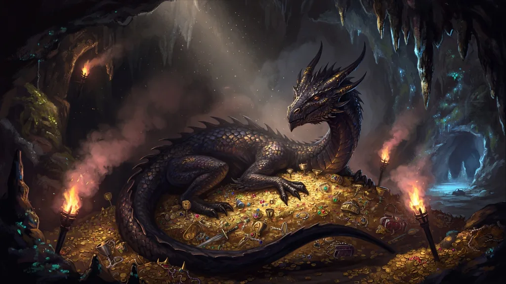 Enormous dragon coiled atop a hoard of gold in a torchlit cavern — art for the dragon name generator