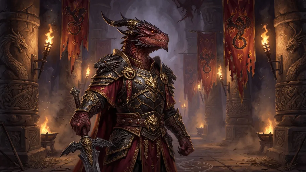 Torchlit dragon hall with banners — the world of the dragonborn