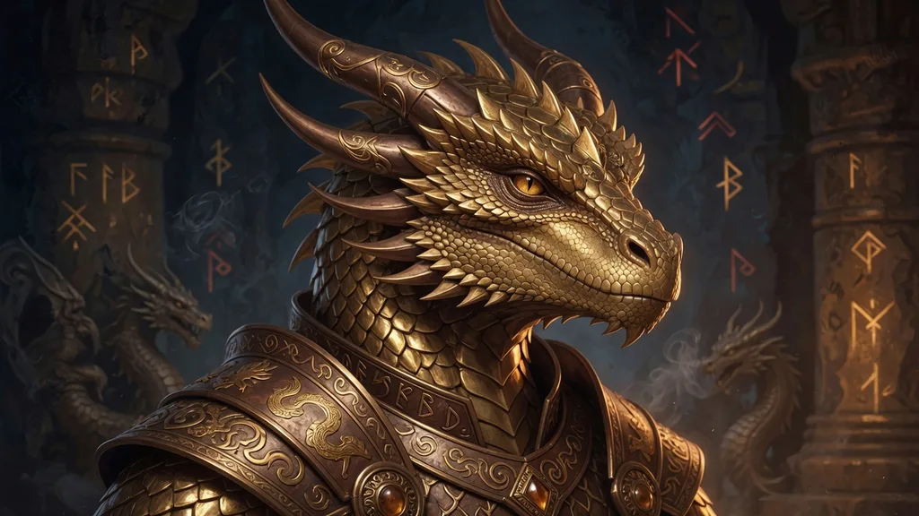 Close-up of a noble gold metallic dragonborn with engraved ceremonial armor against runed temple stone