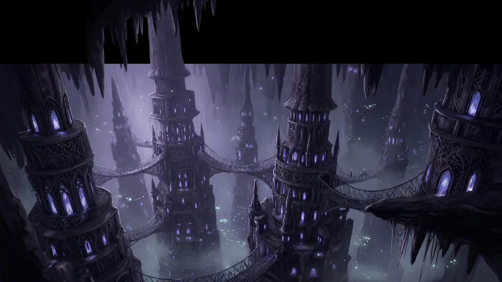 Spider-motif dark elf city carved from cavern stalagmites, lit by violet Underdark glow — artwork for the drow name generator