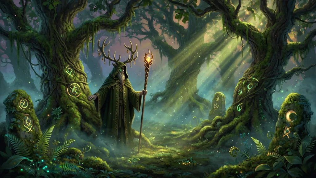 An ancient mossy grove with golden shafts of light