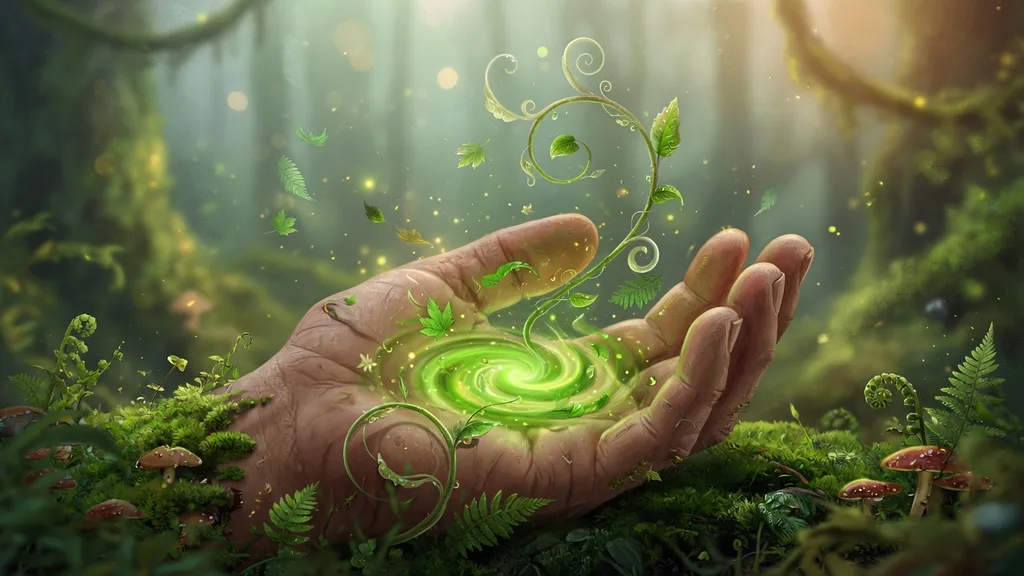 A weathered hand cupping a small glow of green nature magic among ferns and moss in a misty wood