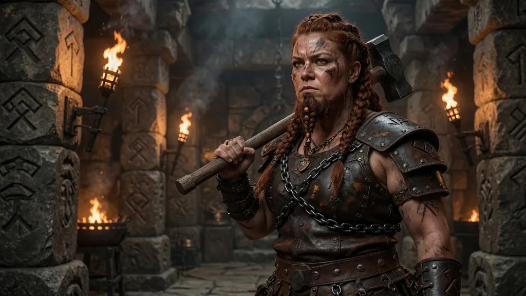Fierce dwarf woman with thick braids and forge-worn armour in a great stone hall — the world of the dwarf name generator