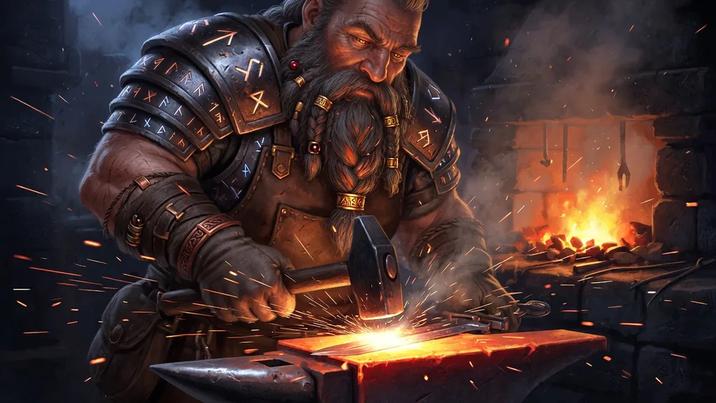 Dwarven master smith hammering glowing metal at an anvil amid flying sparks