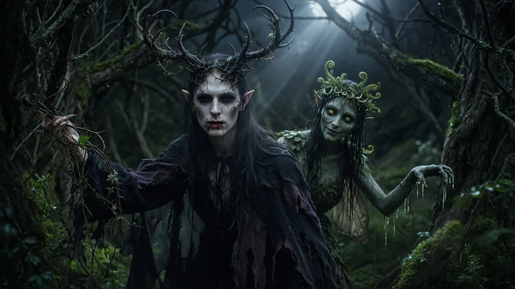 A pale, sharp-featured unseelie fae with thorn-like antlers emerging from dark woods at night — artwork for the fae name generator
