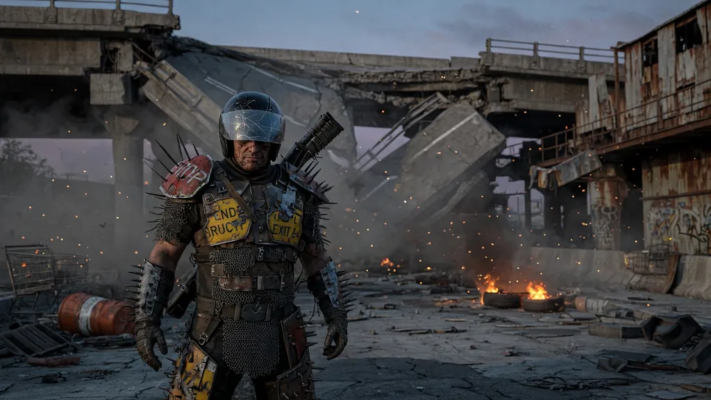 Battle-scarred raider in spiked salvage armor standing amid rubble and rusted infrastructure — scene from the Fallout name generator