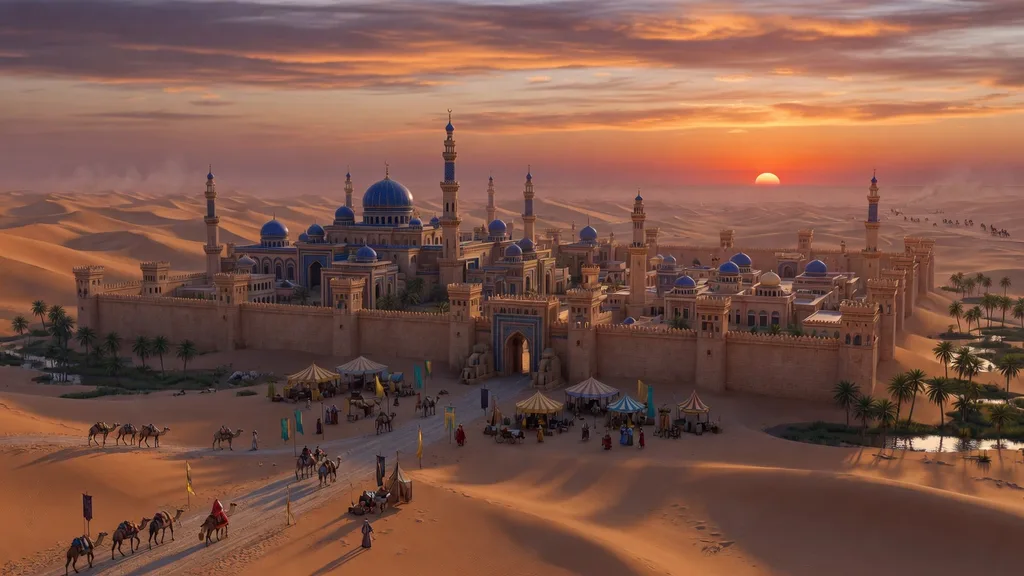 A grand desert empire city of blue-tiled domes and sandstone walls glowing under a dramatic sky — a second fantasy realm vista for the fantasy country name generator