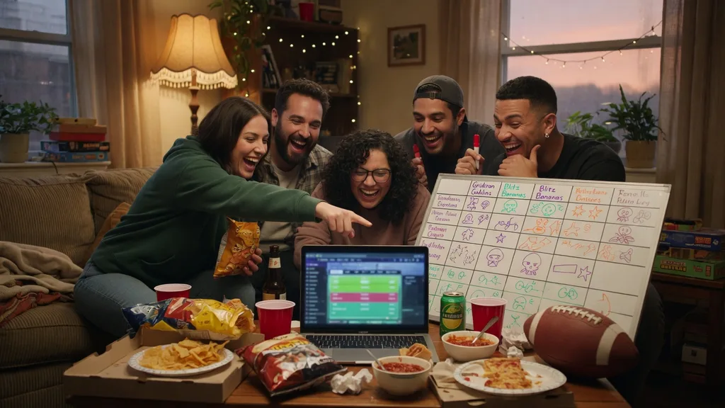 A group of friends laughing around a fantasy football draft board on game day — scene art for the fantasy football team name generator