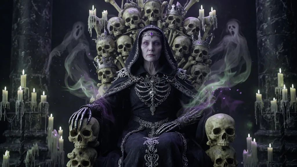 A regal lich-queen seated on a throne of pale bones, her eyes glowing cold violet, in an ancient dark throne room — scene art for the female necromancer name generator