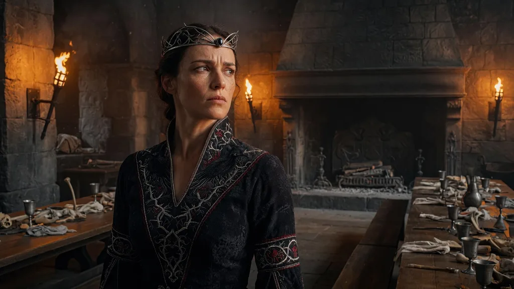 Original fierce highborn woman in an ornate dark gown and silver circlet in a torchlit great hall — scene art for the Game of Thrones name generator
