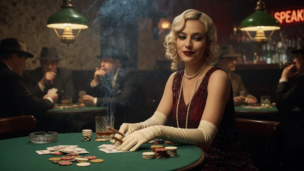 Glamorous 1920s mob moll at a speakeasy card table surrounded by shadowy figures — scene art for the gangster name generator