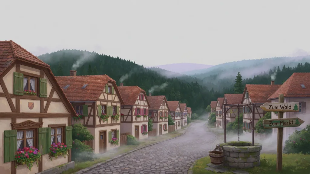 Bavarian village street with timber houses and flower boxes leading toward a forest — artwork for the German Name Generator
