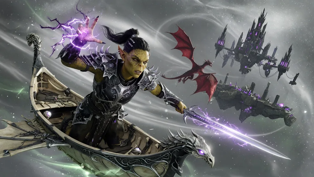 Githyanki gish raising a glowing silver sword aboard an astral skiff drifting through the silvery void