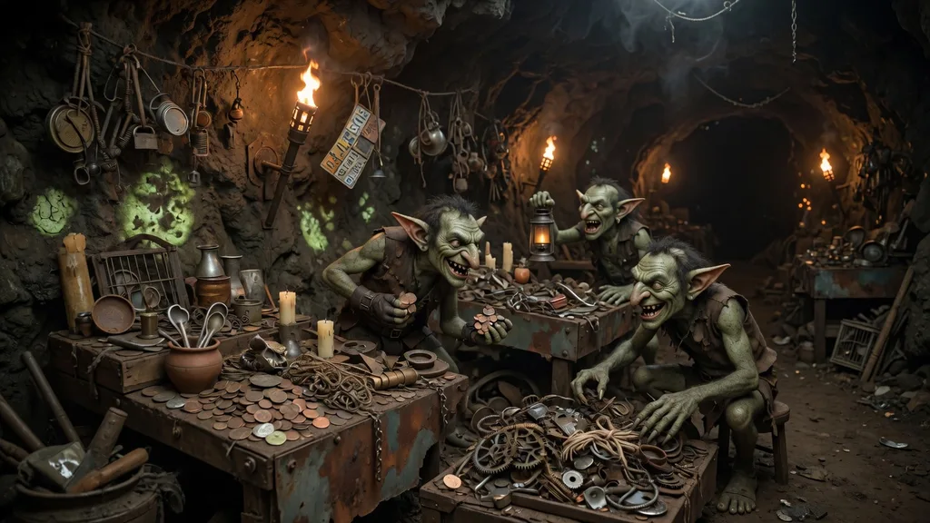 A busy goblin junk-market cave with goblins haggling over scrap and stolen trinkets — artwork for the goblin name generator