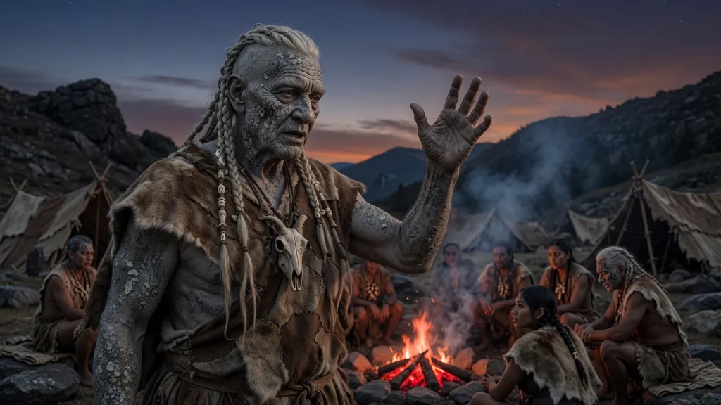 Goliath elder with grey stone-mottled skin standing before a tribal gathering at a mountain campfire at dusk — artwork for the goliath name generator