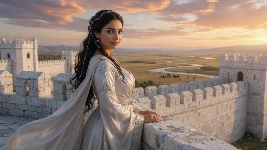 A noble Gondorian lady in silver and white robes standing on the ramparts of the white citadel overlooking the vast plains below — artwork for the Gondor name generator