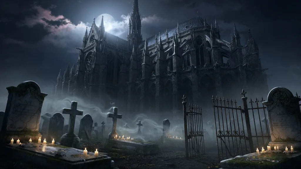 A moonlit gothic cathedral and graveyard in the fog