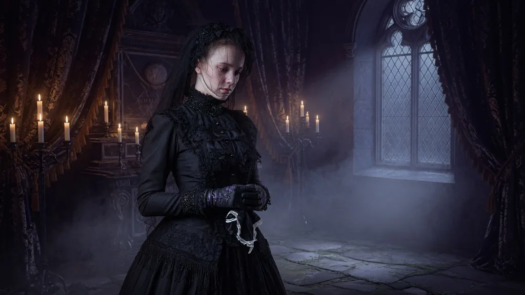 Pale figure in Victorian mourning dress standing among fog and candlelight in a shadowed gothic interior