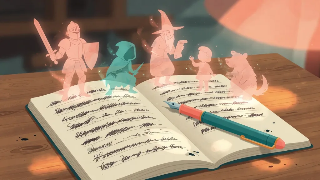 An open notebook of crossed-out names with five faint character silhouettes rising from the page — cover art for a guide on coming up with character names