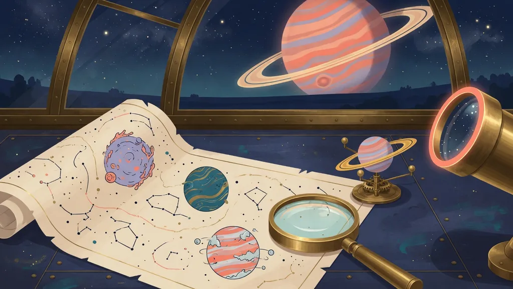 An observatory desk at night with a star chart of three unfamiliar planets, an orrery and a telescope, a ringed gas giant beyond the window — cover art for a guide to naming planets