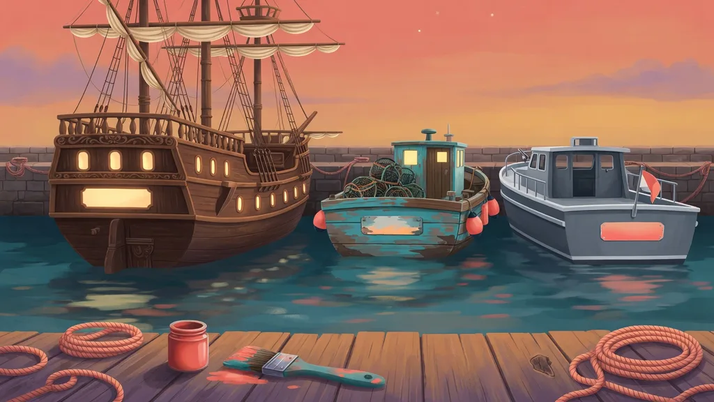 Three vessels moored at a harbour at dusk — a tall sailing ship, a fishing boat and a naval cutter, each with a blank nameplate — cover art for a guide to naming ships
