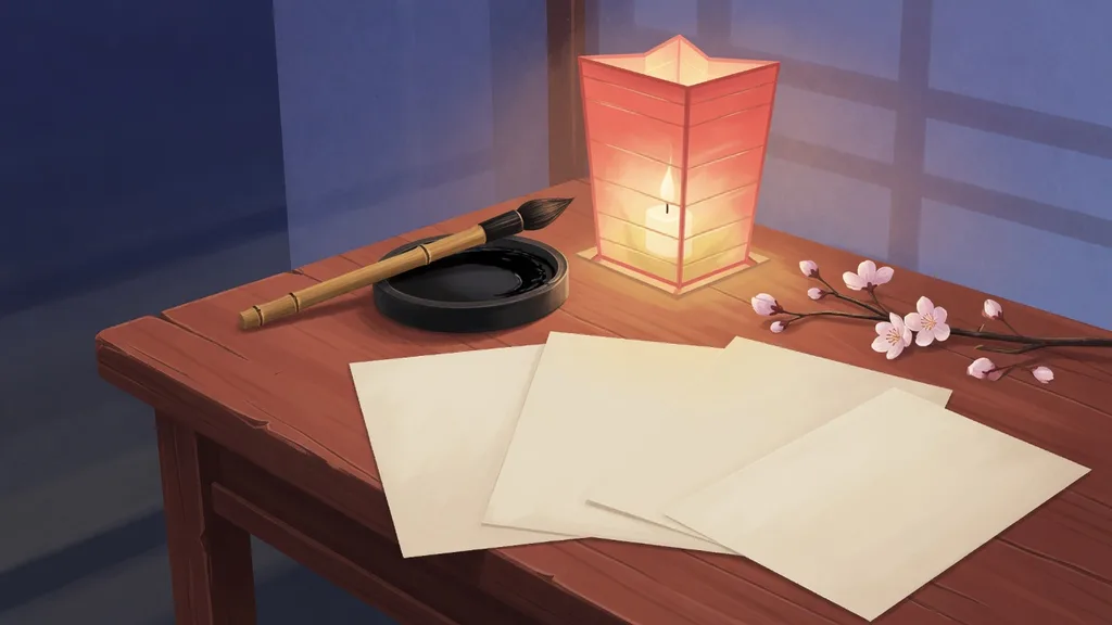 A calligrapher's desk at dusk with brush, inkstone, paper lantern and blank sheets — cover art for a guide to building Japanese character names