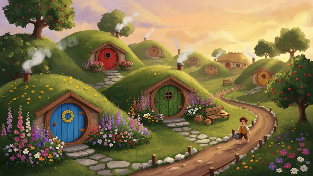 A sunny green halfling shire of rolling hills and round doors