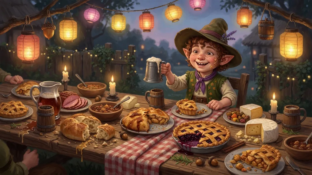 Cheerful halfling at a rustic feast table laden with bread, pies and ale under lantern light