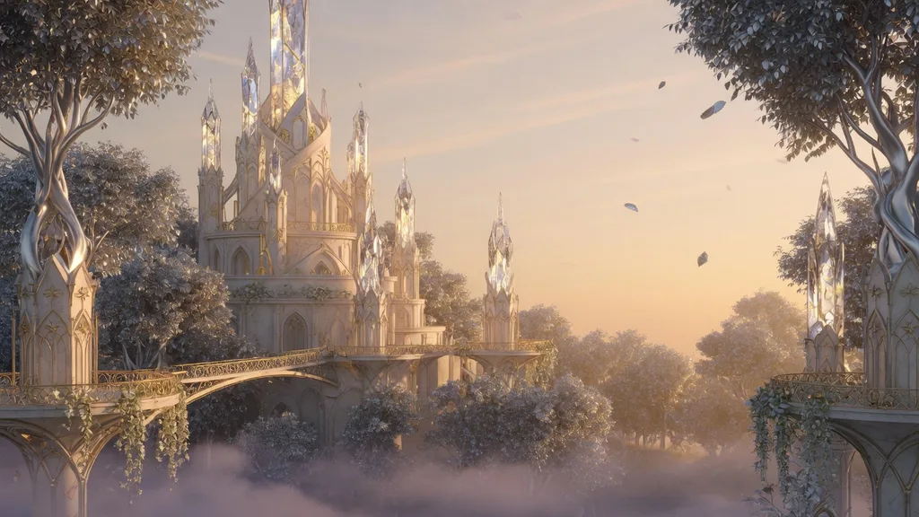 An elven spire palace rising among silver-leafed trees at golden hour — artwork for the high elf name generator