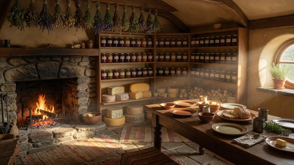 Warm hobbit-hole interior with a stone fireplace, stocked pantry shelves and afternoon light through a round window — artwork for the hobbit name generator