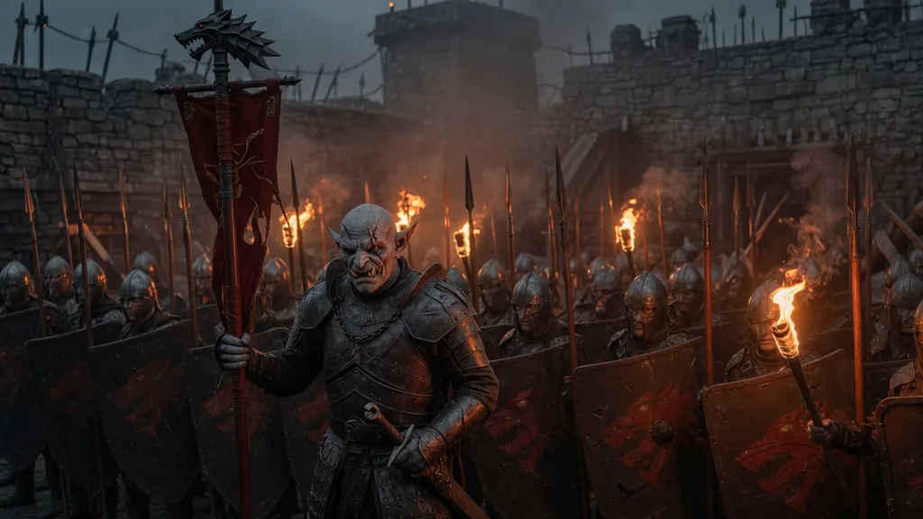 Hobgoblin legion captain inspecting a torchlit phalanx of shielded soldiers inside a fortified war camp — artwork for the hobgoblin name generator