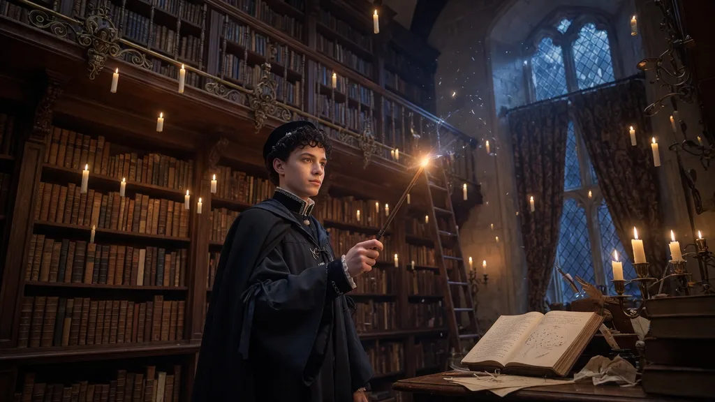 A young Victorian-era wizarding student in a stone castle library at night, holding a lit wand, surrounded by tall bookshelves and floating candles