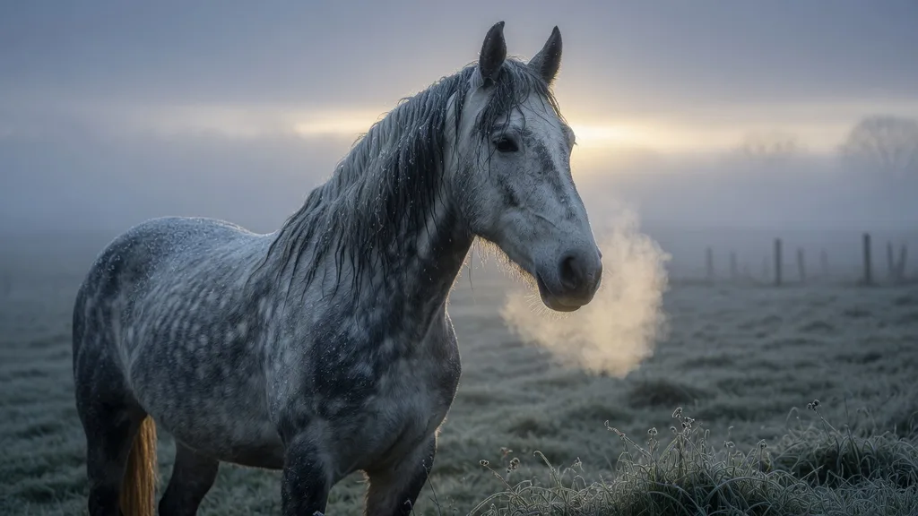 Dapple-grey horse standing in a misty morning pasture with frost on the grass