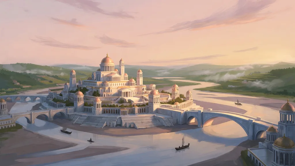 White marble towers of the Imperial City rising above the Niben Bay at dawn, banners of the Elder Council visible on the walls — artwork for the Imperial name generator