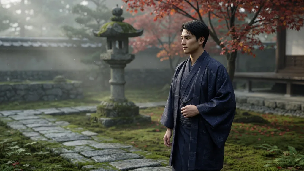 Young man in a traditional dark kimono standing on a stone path in a tranquil Japanese garden